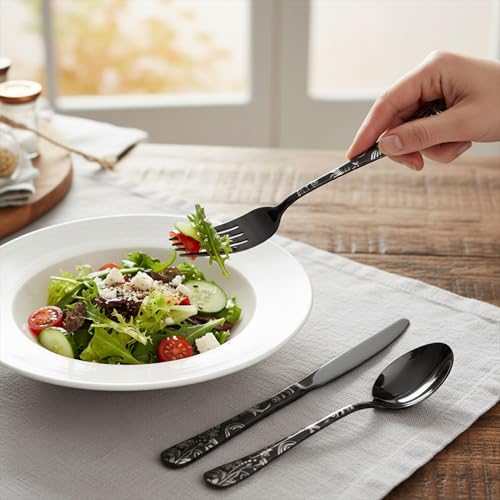 Image of 5 Pcs Black Floaral Stainless Steel Cutlery Set for Dining Table with Spoon and Fork Set & Butterknife - The Perfect Tableware /Flatware