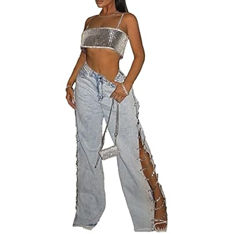 xxxiticat Women's Covered in Diamond Lace Up Jeans High Rise Wide Leg Rhinestone Bandage Fringe Hem Split Denim Trouser(BE,L) Cover