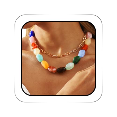 ACEDRE Colorful Statement Gemstone Necklace Chunky Layered Beaded Choker for Women
