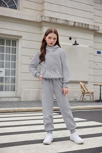 Arshiner Girls 2 Piece Outfits Tracksuit Drop Shoulder Hoodie Half Zip Sweatshirt and Sweatpants Joggers Set with Pockets2