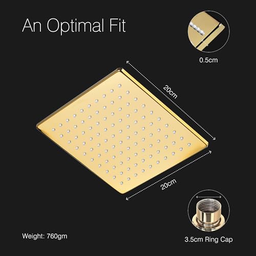Image of Hindware Italian Collection F160149PGD Overhead Shower for Bathroom | Made of Brass | Wide Head - 200mm | Square Shape | Rain Shower | Color - Gold | Luxury Bathroom Upgrade | High Pressure Rainfall | Home Spa Experience | Anti-Clog Nozzles | Wall & Ceiling Mount Compatible