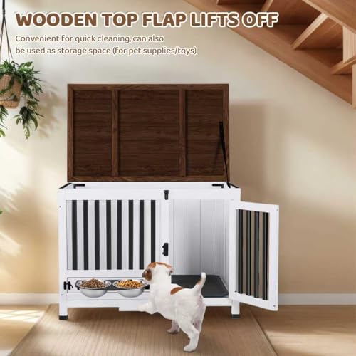 33.3 Inch Wooden Dog Crate Furniture - Multi-Functional Dog Crate Side Table with 360° Swivel Feeder for Small and Medium Dogs with Removable Tray, Easy to Assemble, Easy to Clean - Image 4