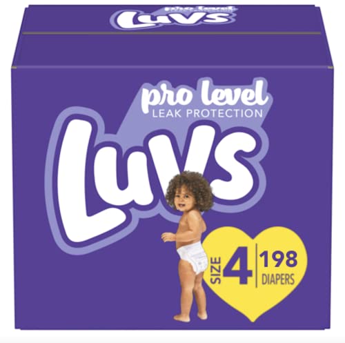 Diapers Size 4, 198 Count - Luvs Pro Level Leak Protection Hypoallergenic Disposable Baby Diapers for Sensitive Skin (Packaging May Vary)