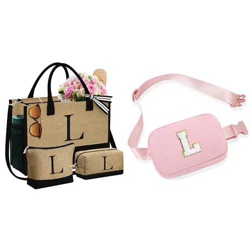YOOLIFE 3 Pcs Initial Jute Tote Bag & Initial Belt Bag Crossbody Fanny Pack Personalized Gifts for Women Teen Girls