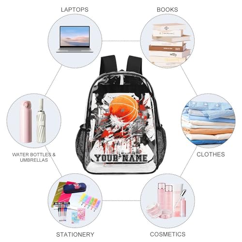 Custom Basketball Clear Backpack Heavy Duty for Girls Kids Boys Women Men - Large Cute PVC Basketball Theme Printing Transparent Backpack for Schools Stadium Concerts Work - Clear/Black4