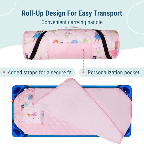 Image of Wildkin Modern Kids Nap Mat with Pillow for Girls - Soft & Cozy Cotton Blend, Elastic Straps, Toddler Sleep Mat for Daycare, Preschool, Kindergarten & Travel, Ages 3-7, Machine Washable - Fairy Garden