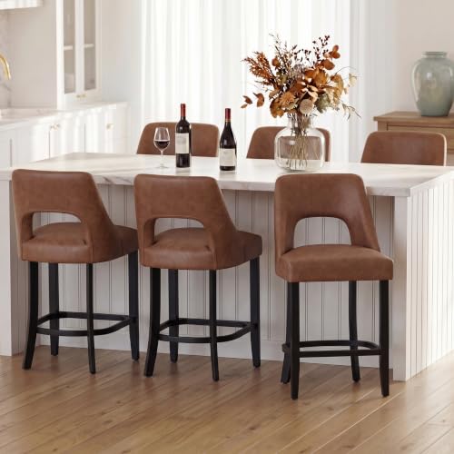 Image of UVV Bar Stools Set of 6, Modern Upholstered Counter Height Bar Stools, Faux Leather Counter Stools BarStools with Wood Legs for Kitchen Island Dining Room Bar, Brown