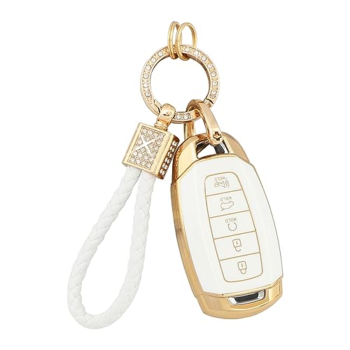 PIFOOG for Elantra Key Fob Cover Palisade 2023 2022 2021 2020 5 Buttons Car Keys Case Shell Protector Holder Glittering Keychain Accessories Girly Women Cute TPU Gold White