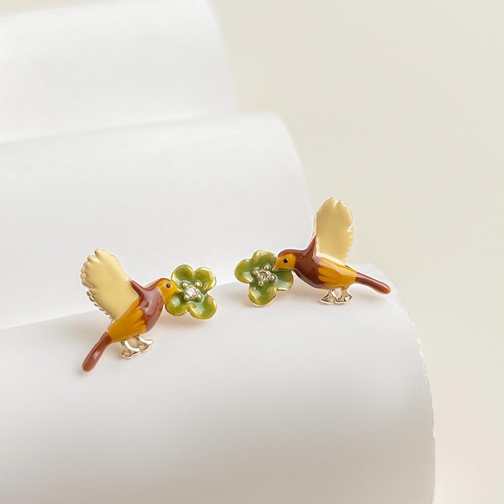 Cute Bird Stud Earrings Sterling Silver Post Enamel Animal Flower Studs Earring Fashion Jewelry for Women Niece - Image 4