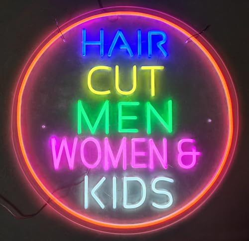 Image of Neon Signs for Wall Decor Haircut Men Women And Kids Handmade Art Sign Neon Tubing 23 inchx23 inch Multicolor Rainbow Acrylic Wall Mount Window Mount Chain Included Handmade LED Neon Tubing Signs
