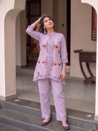 Image of ANNI Designer Women Kurta Set | Cotton Embroidered A-Line Kurta with Pant Co-ord Set | 3 /4 Sleeve Mandarin Collar Kurti Set for Women | Daily Office Party Wedding Ethnic Suit