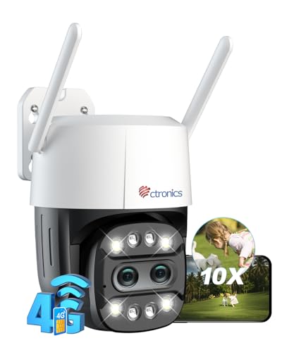 Ctronics 3G/4G LTE Doble Lente Cámara de Vigilancia Exterior con Zoom Híbrido 10X, 1080P Cámara PTZ, Detección de Personas/Vehículos y Seguimiento Automático, Visión Nocturna a Color, Audio Bidir
