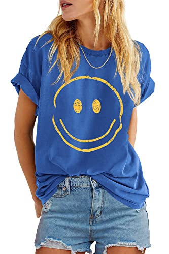 ReachMe Womens Summer Cute Smile Face T-Shirts Trendy Vintage Graphic Tops Casual Loose Short Sleeve Tee Shirts