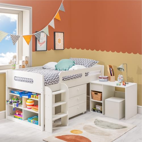 Home TreatsCabin Single Mid Sleeper Bed Drawers Desk Bookshelf & Ladders with Hybrid Mattress For Kids Children Teenagers (Bed with Hybrid Mattress)