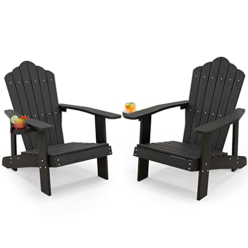 Image of Tangkula Oversized Adirondack Chair, Patio Lounge Chairs w /Adjustable Cup Holder, HIPS Armchairs Slatted Chair, Outdoor Weather Resistant Fire Pit Chair for Deck Backyard Garden Porch (2, Black)