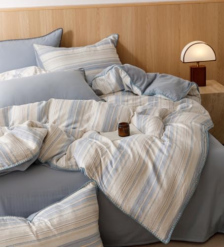 Image of VM VOUGEMARKET Blue White Stripes Duvet Cover King 100% Cotton Muslin Duvet Cover Embroidered Cozy Simple Modern Bedding Set for Men Women