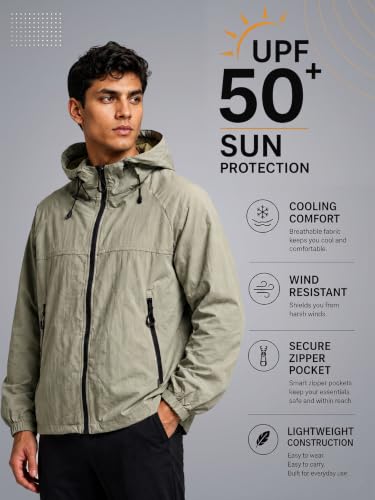 Image of CHKOKKO Windcheater Jacket For Men With Hood UPF 50+ UV Sun Protection | Lightweight Breathable Water-Repellent Windbreaker | Nylon Fabric Outdoor Running Biker Dailywear Jacket