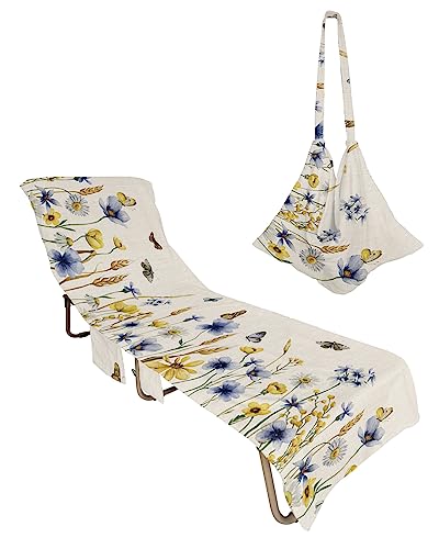 Butter-fly Leaves, Beach Lounge Chair Towel Cover, Soft Chaise Lounge Towel with Side Pockets Patio Pool Chairs Cover for Beach/Pool Sunbathing 29x85 Elegant Fall Yellow Blue Yellow Daisy Beige