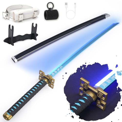 RENGENG Light Up Muichiro Sword, 40 Inches Rechargeable Plastic Anime Replica with Belt & Stand, Original Texture Anime Sword