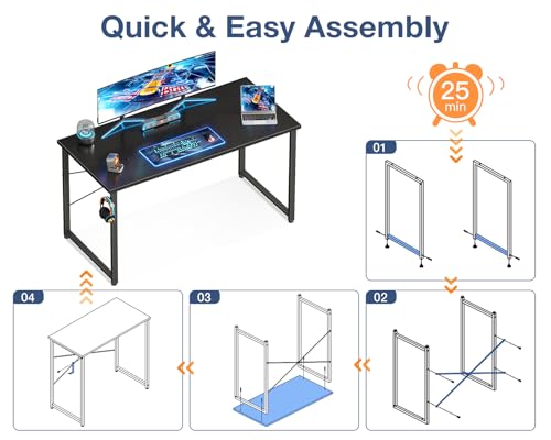 Image of Casaottima 48 Inch Small Computer Desk for Home Office, Study Writing Table for Small Spaces, Simple Modern Desk with Headphone Hooks, Deep Black