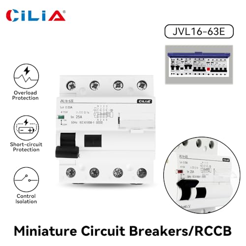 CILIA Fehlerstromschutzschalter Typ AC 30mA 4P – Industrieller Schutzschalter 400 V, 4 DIN-Module, RCCB, Dreiphasiger Schutz (CEI EN 61008-1) In=63A (JVL16-63-4P-63A)