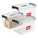 Cetomo 20L*3 Storage Boxes, Carry Plastic Storage Box with Lids, Clear Organizing Container with Handle and Secure Latches, Nestable & Stackable Tote Box for Home Office, 20L-3 Pack, Transparent