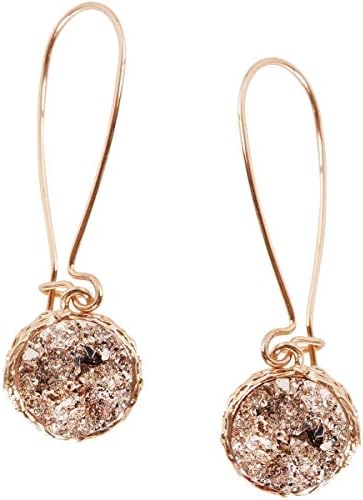 Simulated Druzy Threader Drop Earrings for Women - Gold, Silver, or Rose Gold Tone Trendy Boho Dangles with Sparkly Round Stone