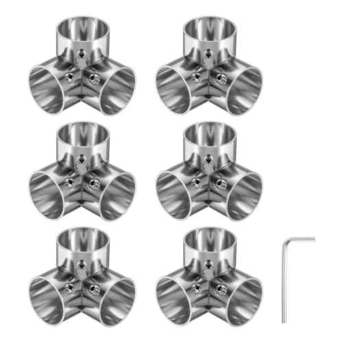 sourcing map 6Pcs Elbow Corner Cross Structural Pipe Connectors 3 Way End Rails Clamp with Wrench Stainless Steel Corner Pipe Fittings for DIY Shelf Garden Support 1 Fit Pipe Dia, Silvery