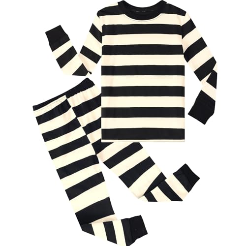 A&J DESIGN Black and White Striped Pajamas Set for Toddler Boys Girls Halloween Robber Prisoner Thief Pjs for Kids Black and Beige 8 Years