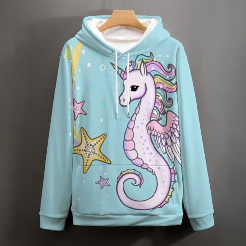 Sweatshirt pull imprimé hippocampe licorne avec capuche ajustable
