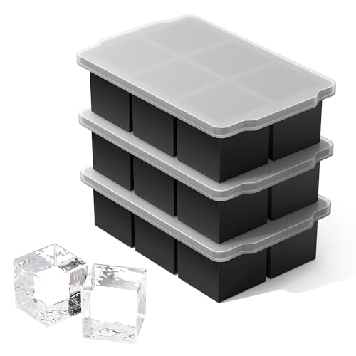 Image of VLM 3 Packs Large Ice Cube Molds with Stackable Lid,Silicone Ice Cube Tray for Freezer,Big Square Ice Tray for Whiskey,Cocktails,Bourbon and Soups (Black)