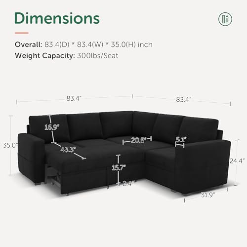 Image of HONBAY Modular Sectional Sleeper Sofa with Pull-Out Bed, Velvet L-Shaped Sofa with Storage Seat, Sectional Sofas for the Living Room, Black
