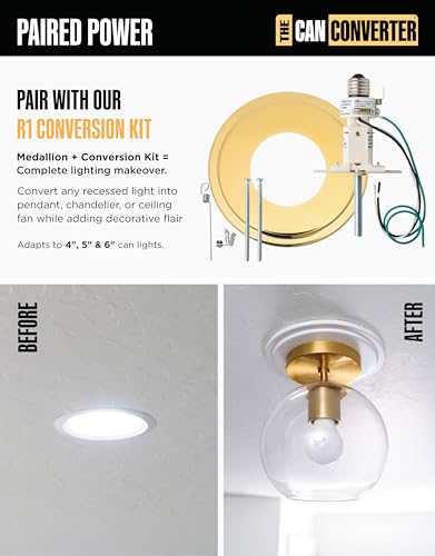 Image of The Can Converter Ceiling Medallion for Recessed Can Light - Home Improvement Decorative Steel Goof Ring & Cover Plate for 4'', 5'' & 6″ Cans, Small Ceiling Medallion for Chandeliers, Polished Gold