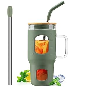 WINSA 24 oz Glass Tumbler with Lid and Straw, Iced Coffee Cup with Handle, Glass Water Bottles with Time Marker, 2 Straws – Boba Straw & Drinking Straw Silicone Protective Sleeve-Olive