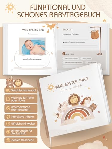 Babybuch mein erstes Jahr, Babyalbum Erinnerungsbuch für schönsten Momente fürs 1. Lebensjahr, Boho Baby Tagebuch Hochwertig, Geschenk zur Geburt für Mädchen & Jungen Baby Erstausstattung Neugeborene