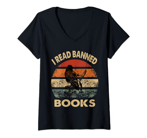 Femme Livre de citation rétro « Bans I Read Banned Books » T-Shirt avec Col en V