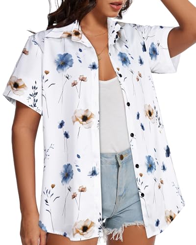Image of Women Hawaiian Shirt Button Down Summer Tops Beach Short Sleeve Blouse