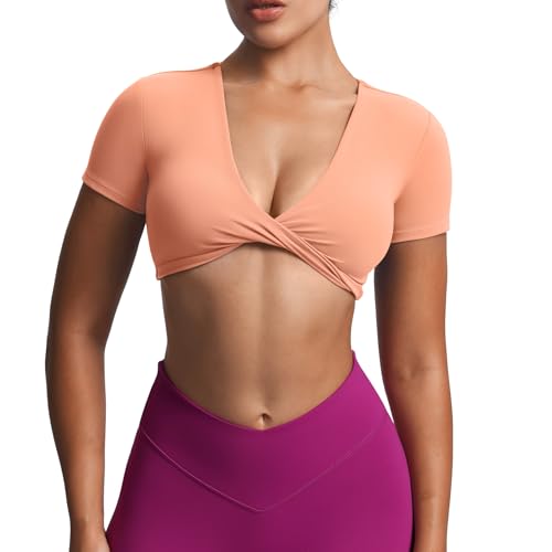 Image of Aoxjox Short Sleeve Crop Tops for Women Sienna Twist Deep V Workout Cropped T Shirt Top (Papaya, Small)