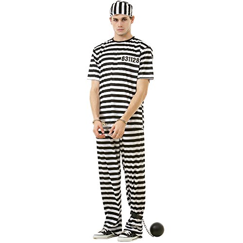 Prisoner Jumpsuit Halloween Costume | Unisex Inmate Jail Costume | Unisex for Adults | White and Black Large