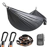 NATUREFUN Ultraleichte Reise Camping Hängematte | 300kg Tragkraft (275 x 140 cm) Atmungsaktiv, Schnelltrocknendes Fallschirm Nylon | 2 x Premium Karabiner,2 x Schlingen| Drinnen Draußen Garten