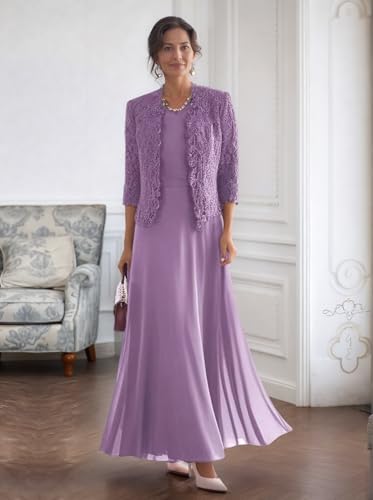 2 Piece Mother of The Bride Dresses for Women Chiffon Lace 3/4 Sleeves Mother of The Groom Dresses with Jacket2
