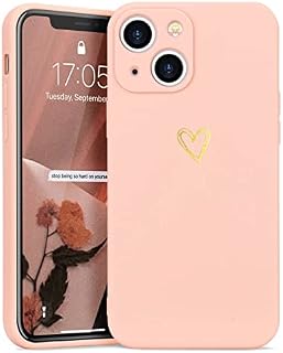 Wirvyuer Compatible with iPhone 13 Phone Case Cute Gold Heart Pattern Protective Shockproof Soft Liquid Silicone Case for Women Girls Slim TPU Bumper Pink Cover