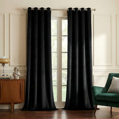 NICETOWN Black Velvet Blackout Curtains Patio Panels 96 inch Long, Media Movie Theater Room Decor, Energy - Efficient Velvet Woven Home Theater Eyelet