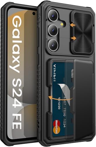 Vihibii for Samsung Galaxy S24 FE Case with Slide Camera Protection Cover, Built-in Card Holder (4 Cards) & Kickstand, Shockproof Rugged Wallet Phone Case for Galaxy S24 FE 6.7" 2024, Black