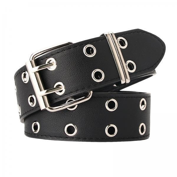 2xDouble Grommet Belt PU Leather Punk Double Prong Buckle for Men Women Black-image-19
