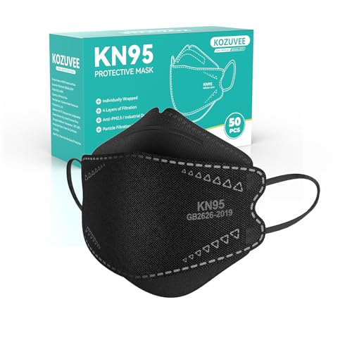 KOZUVEE KN95 Face Masks 50 Pack Black for Adults, Individually Wrapped, Comfortable and Breathable Disposable KN95 Mask with Elastic Ear Loop