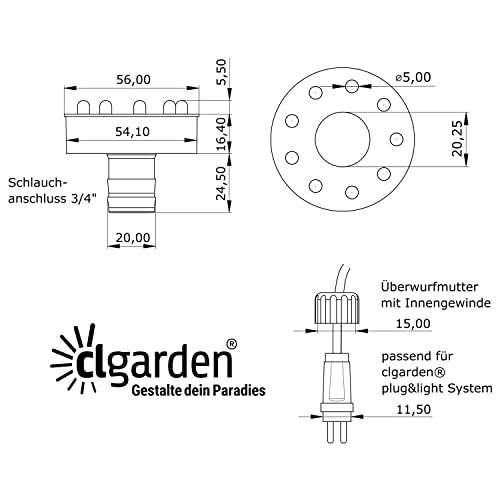 CLGarden LED Ring Ø 56mm warmweiss 12V Springbrunnen Beleuchtung Quellstein Teich Cortenstahlschale