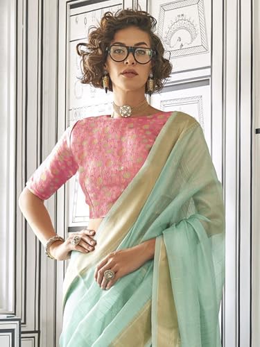 Image of MADHUHANSH Women's Cotton Linen Saree with Unstitched Blouse Piece and Solid Pattern | Mithila Painting Saree | Saree for Haldi Ceremony
