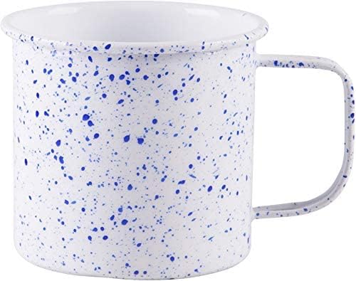Large Light Weight Camping Coffee Mug - Tin Cup Enamel Coated - Holds 24 Oz (White Speckled Blue)