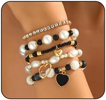 5Pcs Boho Stackable Beaded Bracelets Set for Women Oil Dripping Heart Bracelets Pearl Stretch Bangles Multilayered Handmade Friendship Holiday Beach Jewelry Accessaries for Women